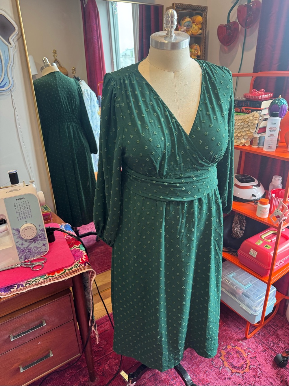 Emerald Green Long Sleeve V-Neck Wrap Dress